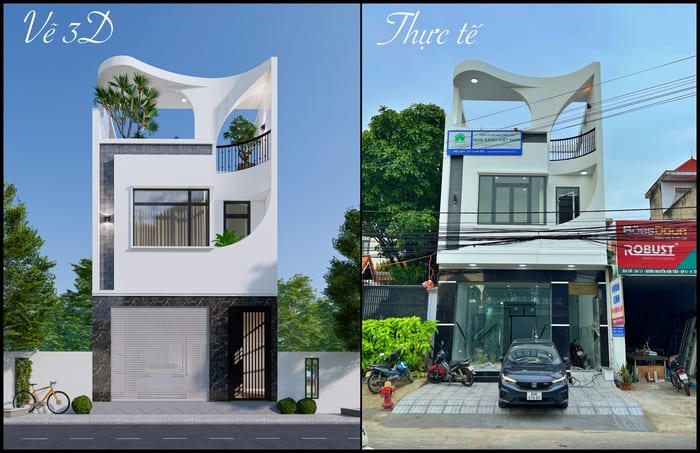 Hình ảnh 3D và thực tế căn nhà 2 tầng 1 tum