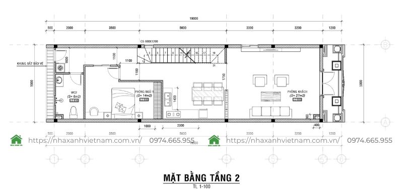 Mặt bằng tầng 2 mẫu nhà phố tân cổ điển 3 tầng 5x20m