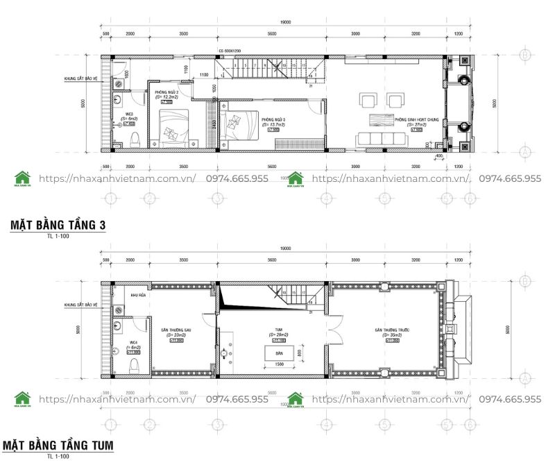 Mặt bằng tầng 3 mẫu nhà phố tân cổ điển 3 tầng 5x20m