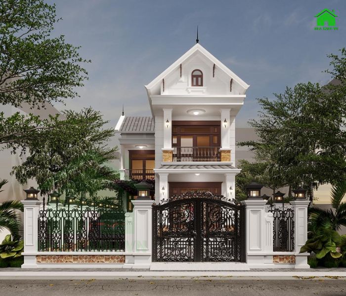 Thiết kế nhà 2 tầng mái Thái với phần cổng ấn tượng và cổ điển
