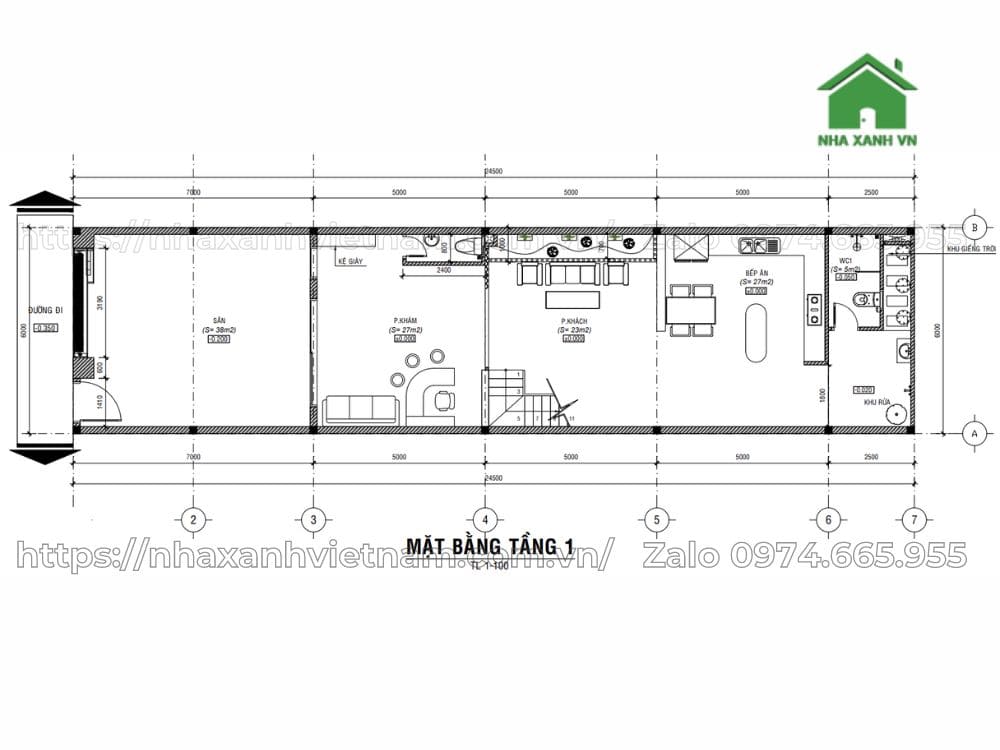 Bản vẽ mặt bằng và công năng tầng 1 mẫu nhà 2 tầng 1 tum 3 phòng ngủ