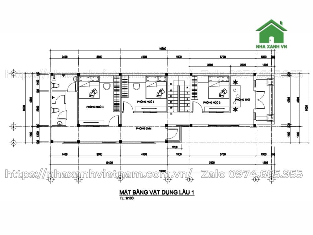 Mặt bàng tầng 1 mẫu nhà 2 tầng mái Thái