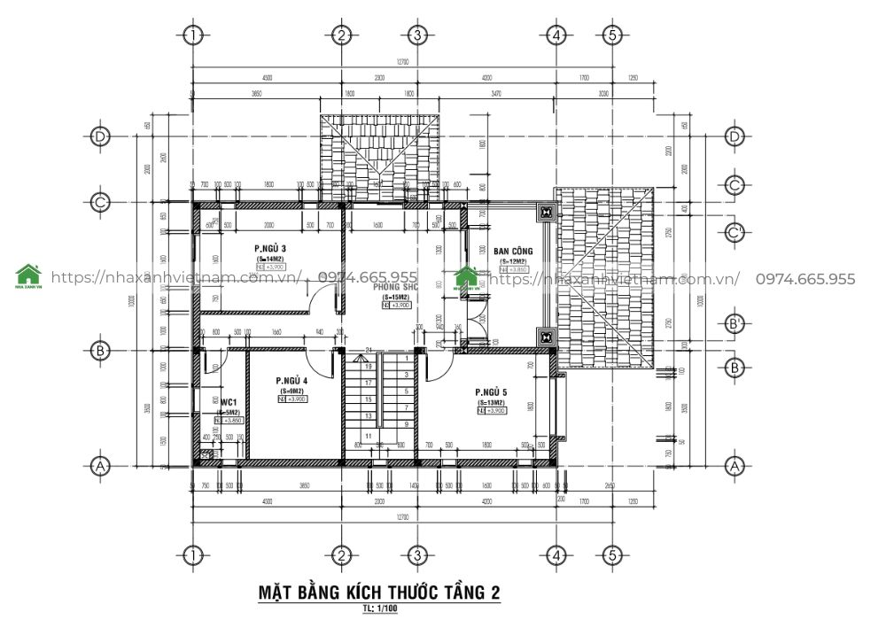 Mặt bằng tầng 2 mẫu thiết kế biệt thự 2 tầng mái Nhật