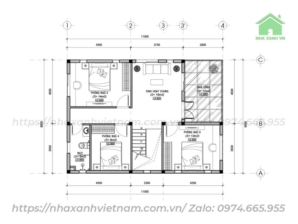 Bố trí công năng tầng 2 mẫu biệt thự mái Nhật