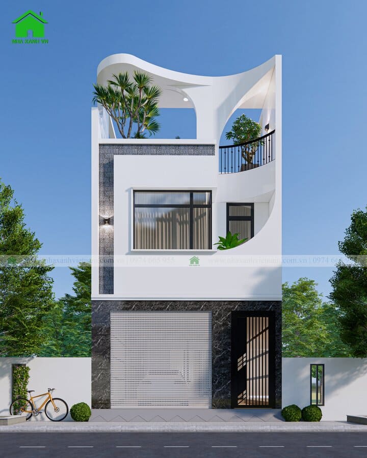 Mặt tiền mẫu nhà 2 tầng 1 tum thiết kế hiện đại tại Biên Hòa do Nhà Xanh Việt Nam thiết kế