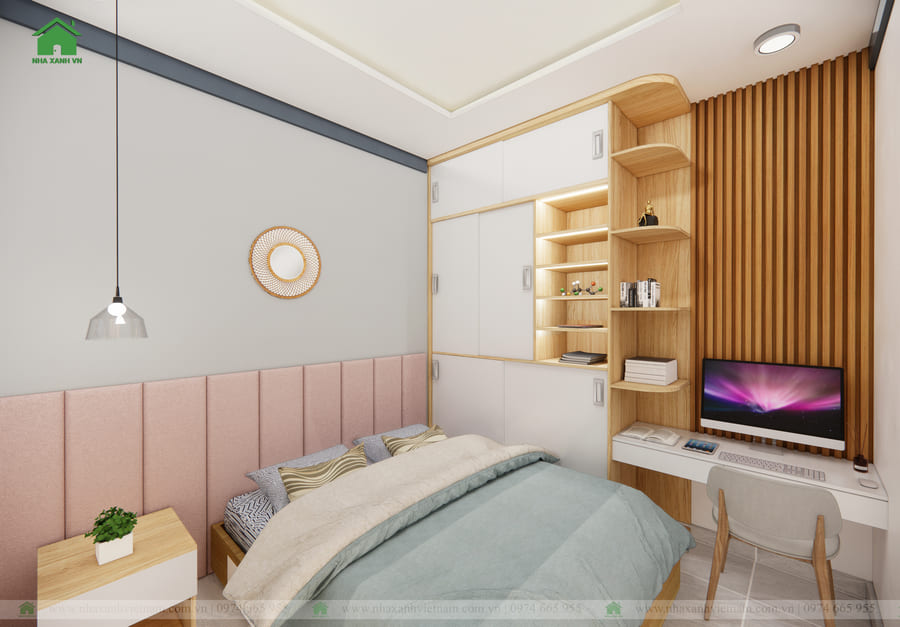 Phòng ngủ được bố trí đơn giản, sử dụng các tone màu ấm