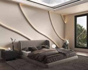 Thiết kế phòng ngủ hiện đại có giếng trời, tone màu xám chủ đạo