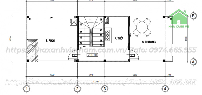 Bản vẽ sân thượng nhà 1 trệt 1 lửng 2 lầu 1 sân thượng