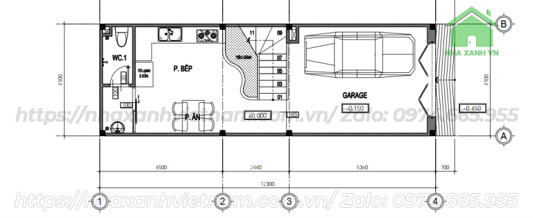 Bản vẽ tầng trệt nhà 1 trệt 1 lửng 2 lầu 1 sân thượng