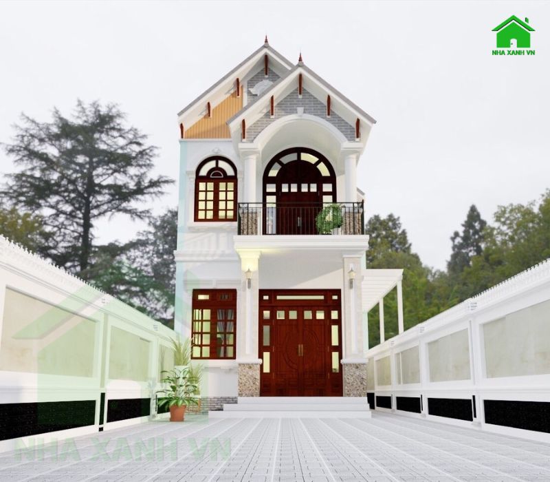 Nhà mái Thái hiện đại Tone trắng chủ đạo, với điểm nhấn là cửa chính gỗ Gõ Đỏ