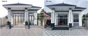 Hình so sánh 3D thiết kế với thực tế thi công nhà mái Nhật 1 tầng 3 phòng ngủ