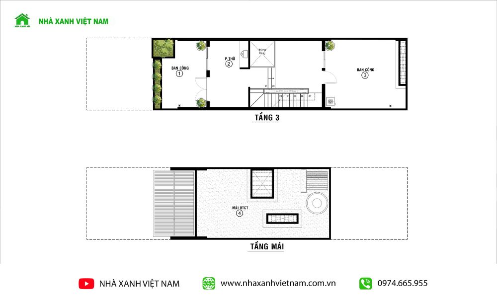 Bản vẽ mặt bằng công năng tầng 3 và tầng mái nhà chị Hiền