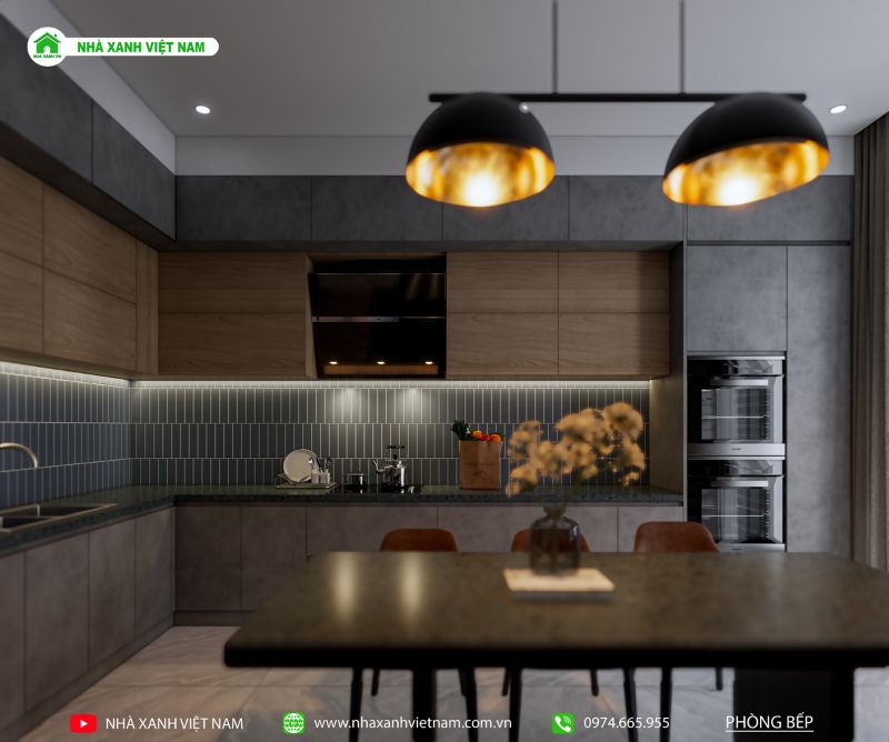 Thiết kế 3D phòng bếp nhà 2 tầng lệch 5x18m