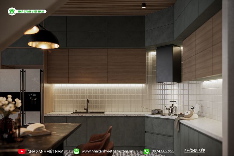 Phối cảnh 3D căn bếp mẫu nhà phố 3 tầng lệch 5x22m