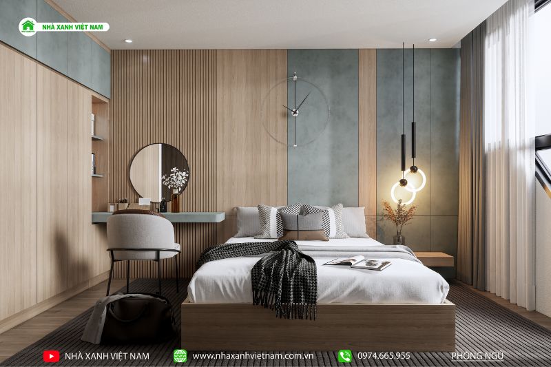 Phối cảnh 3D phòng ngủ mẫu thiết kế nhà lệch tầng đẹp hiện đại 3 tầng 5x22m