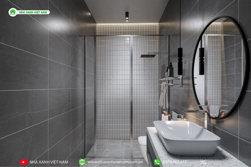 Phối cảnh 3D phòng tắm nhà 3 tầng lệch 5x22m