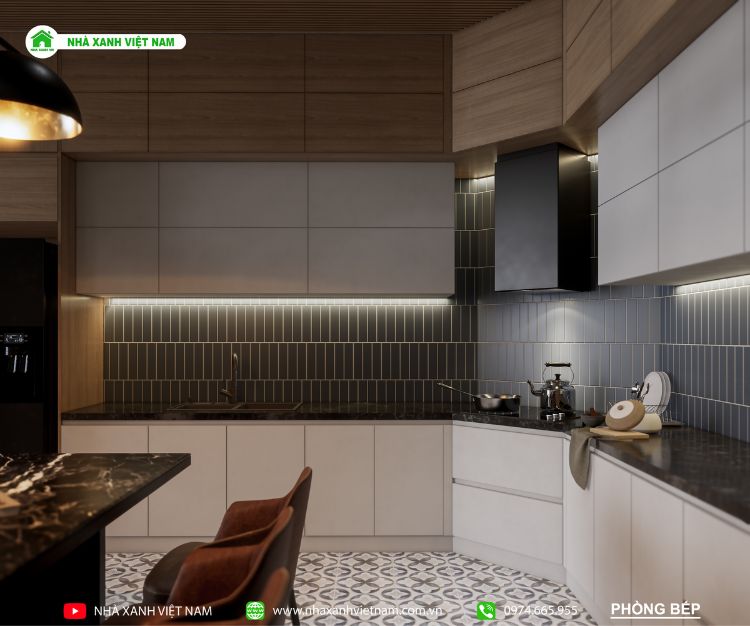 3D nội thất căn bếp nhà phố lệch tầng 5x22m 3 tầng