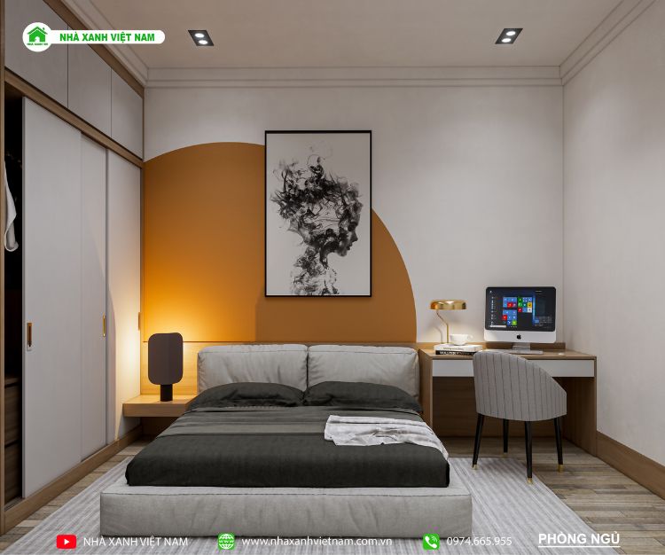 3D nội thất phòng ngủ nhà phố lệch tầng 5x22m 3 tầng