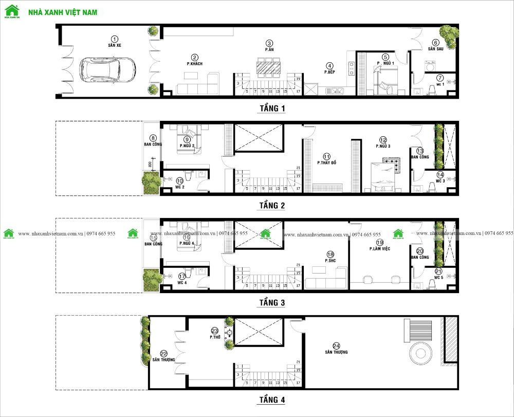 Mặt bằng công năng nhà phố hiện đại 3 tầng 1 tum 5x20m