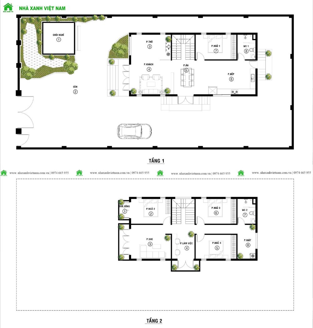 Mặt bằng công năng mẫu biệt thự 2 tầng mái Nhật 7x14m