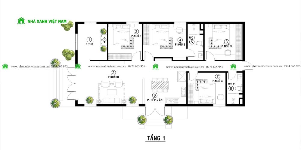 Bản vẽ mặt bằng mẫu nhà 1 tầng mái Thái 8x16m