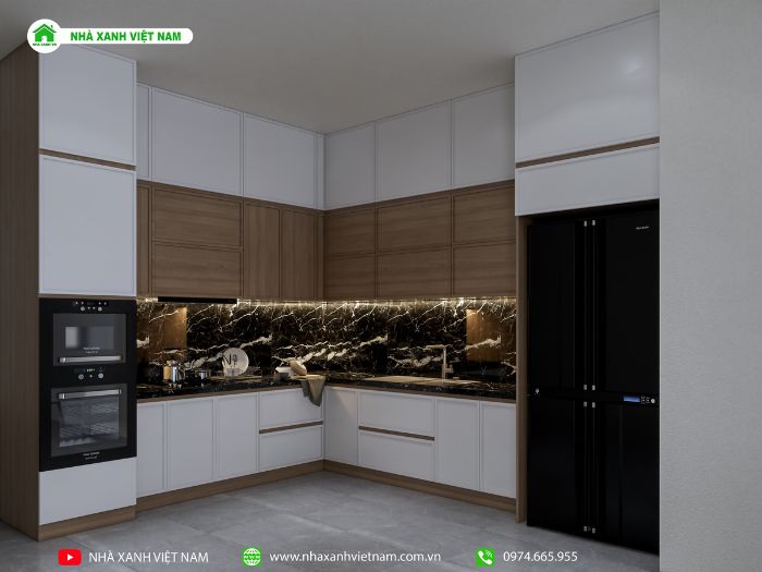 Phối cảnh 3D nội thất căn bếp mẫu nhà 3 tầng 1 tum
