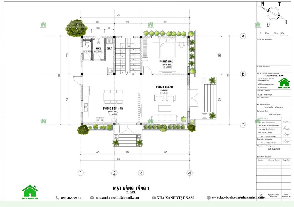 Mặt bằng công năng tầng 1 mẫu biệt thự mái Thái 2 tầng 9x13m