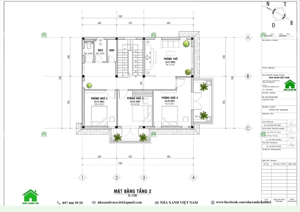 Mặt bằng công năng tầng 2 mẫu biệt thự mái Thái 2 tầng 9x13m