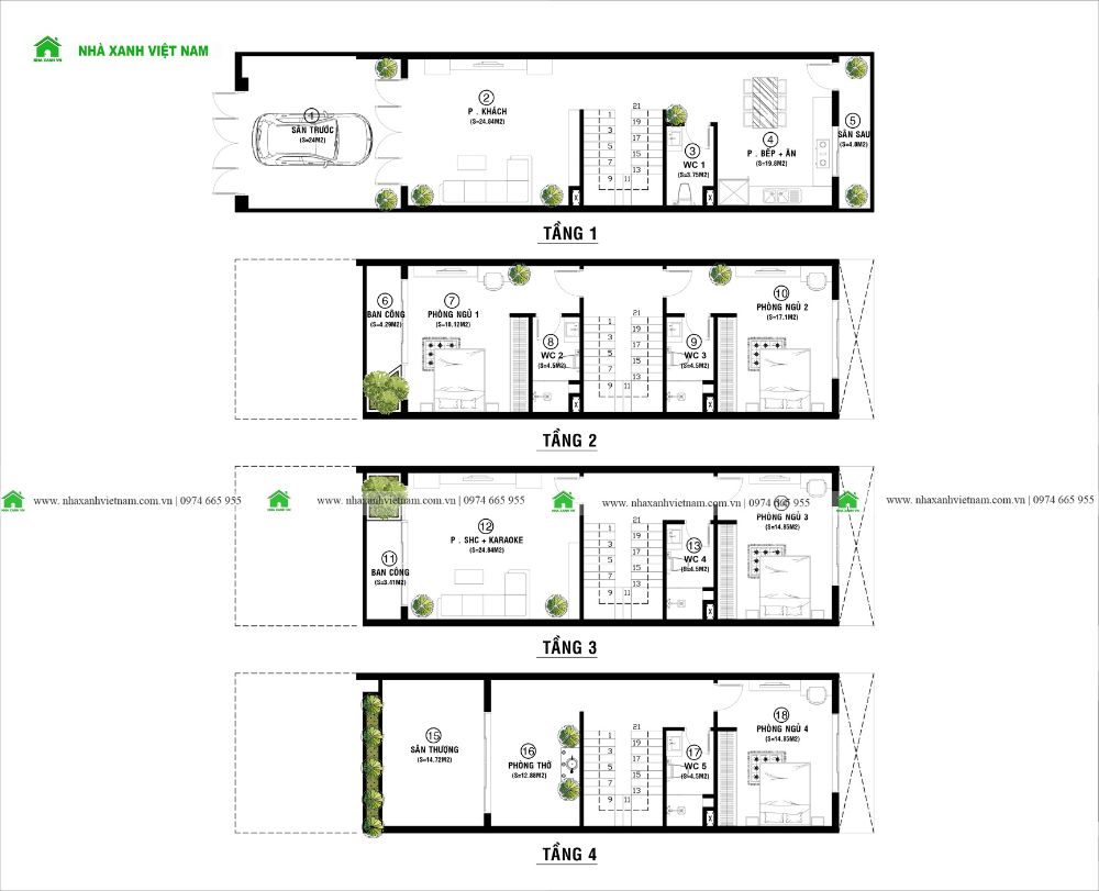 Bản vẽ công năng 4 tầng mẫu nhà phố 4 tầng hiện đại 5x20m