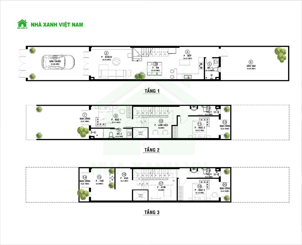 Bản vẽ công năng 3 tầng mẫu nhà phố lệch tầng 4x22m