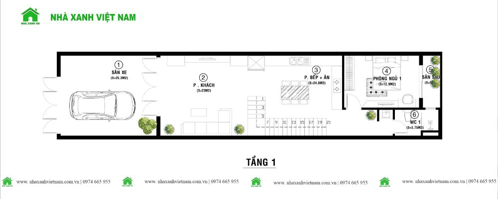 Công năng tầng 1 mẫu nhà 2 tầng 5x20m 3 phòng ngủ