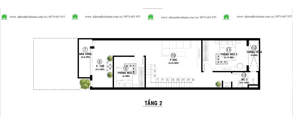 Công năng tầng 1 mẫu nhà 2 tầng 5x20m 3 phòng ngủ