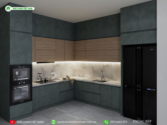Thiết kế 3D nội thất căn bếp mẫu nhà 2 tầng 5x20m 3 phòng ngủ