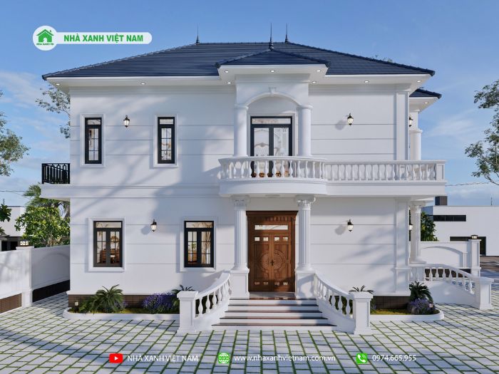 3D mặt tiền Biệt thự 2 tầng mái Nhật 9x16m Tân Cổ Điển - view cửa phụ