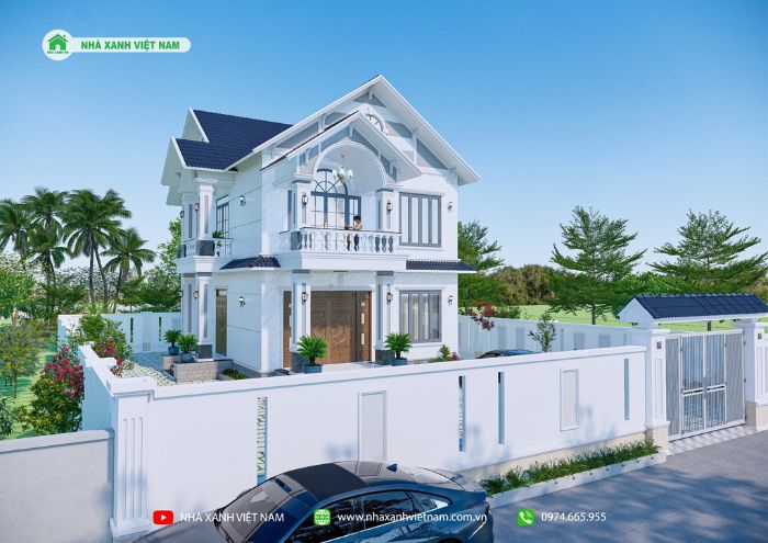 Bản vẽ 3D mặt tiền biệt thự 2 tầng mái Thái 9x13m - view tổng thể