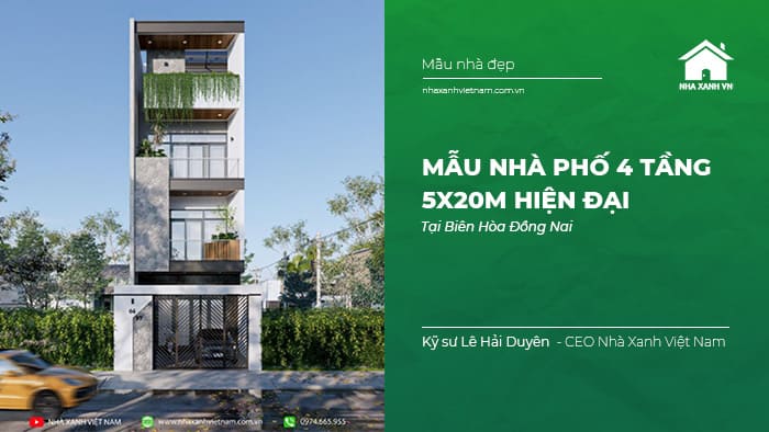 Mẫu thiết kế nhà phố 4 tầng hiện đại 5x20m