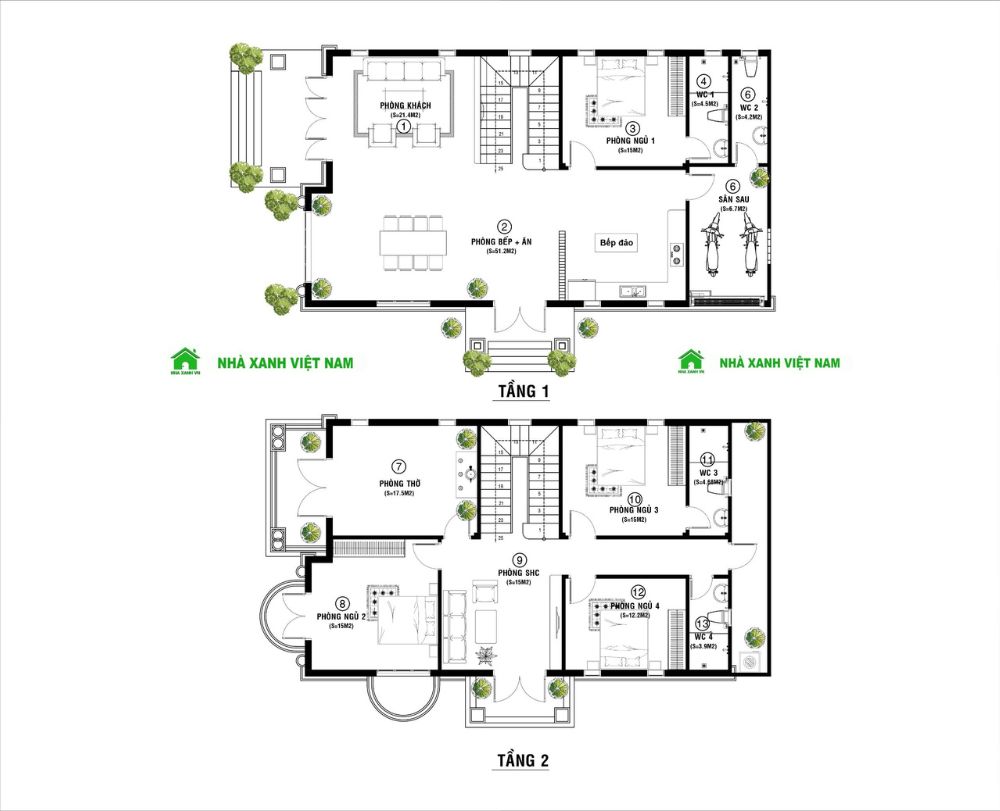 Mặt bằng công năng thiết kế biệt thự mái Thái 2 tầng 8x16m