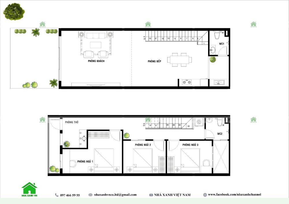 Mặt bằng công năng nhà phố hiện đại 2 tầng 1 tum 5x15m