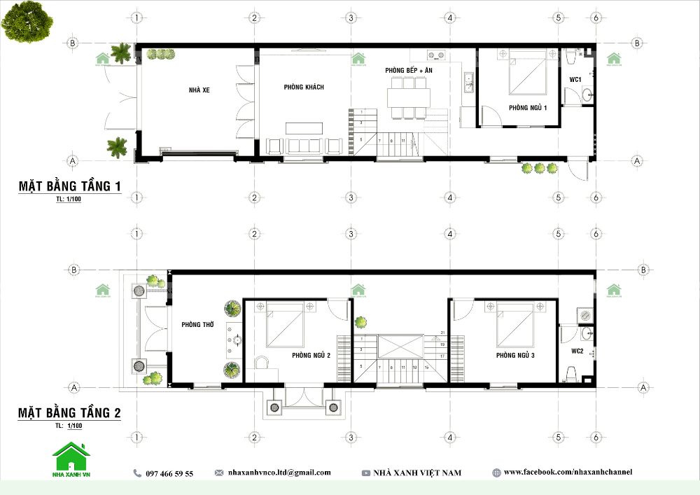 Mặt bằng mẫu nhà phố 2 tầng mái Nhật 5x20m