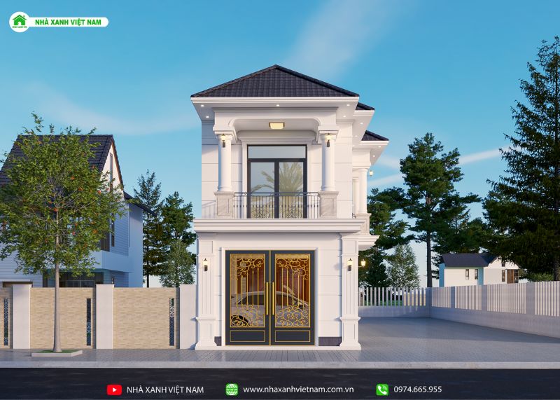 Bản vẽ 3D thiết kế nhà phố mái Nhật 5x20m 2 tầng - view chính diện