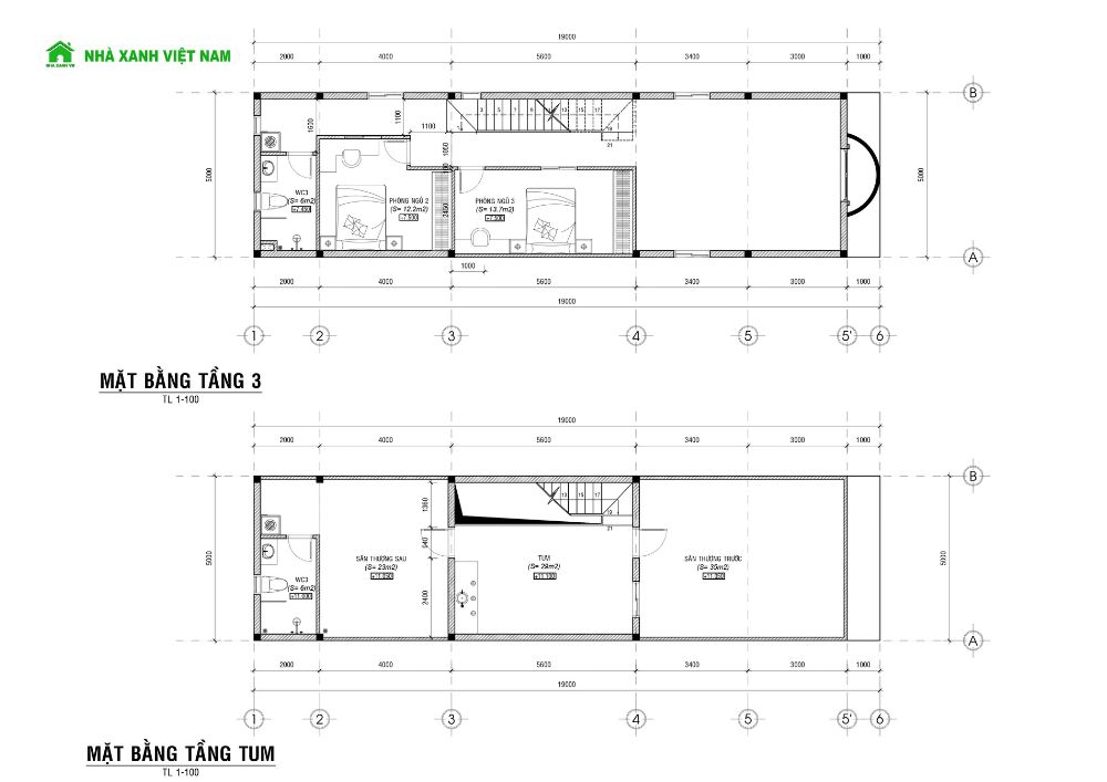 Mặt bằng công năng tầng 3 và 4 (tầng tum) mẫu nhà 4 tầng Tân Cổ Điển 5x19m 