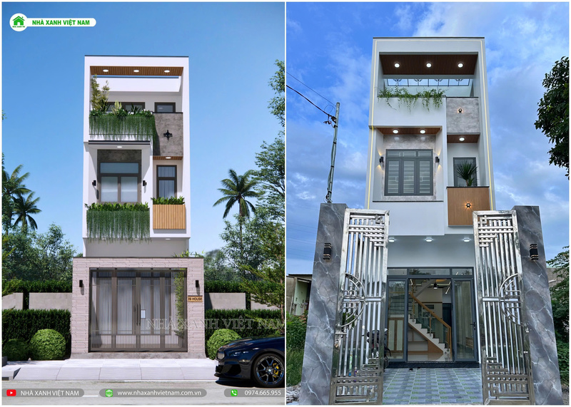 Hình ảnh 3D và thực tế thi công mẫu nhà phố 3 tầng mái bằng 4x21m do Nhà Xanh Việt Nam xây dựng trọn gói
