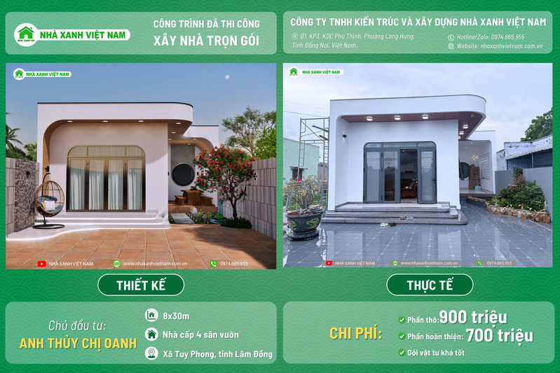 Mẫu Nhà cấp 4 sân vườn đẹp 8x22m 3 phòng Ngủ NCB-202501 124 3D và thực tế thi công mẫu nhà cấp 4 sân vườn