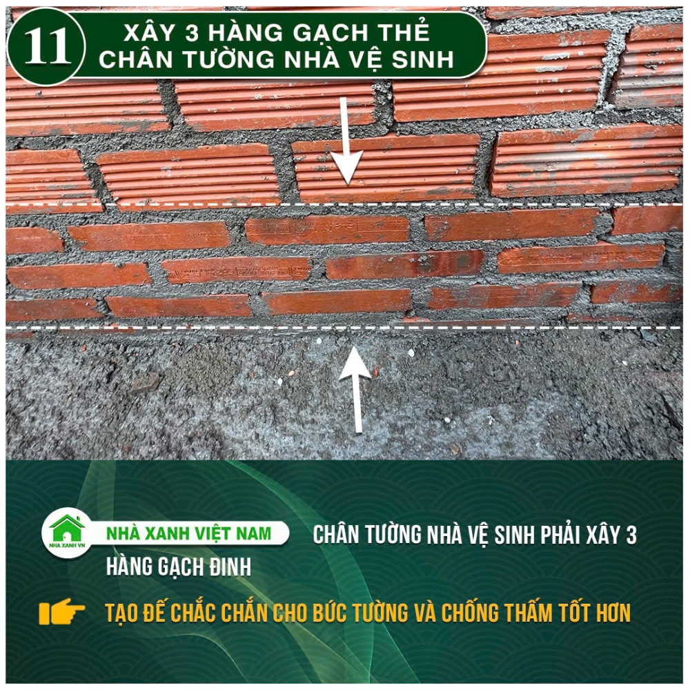 34 điểm nổi bật Nhà Xanh Việt Nam đang áp dụng trong thi công 47 Xây 3 hàng gạch thẻ chân tường nhà vệ sinh