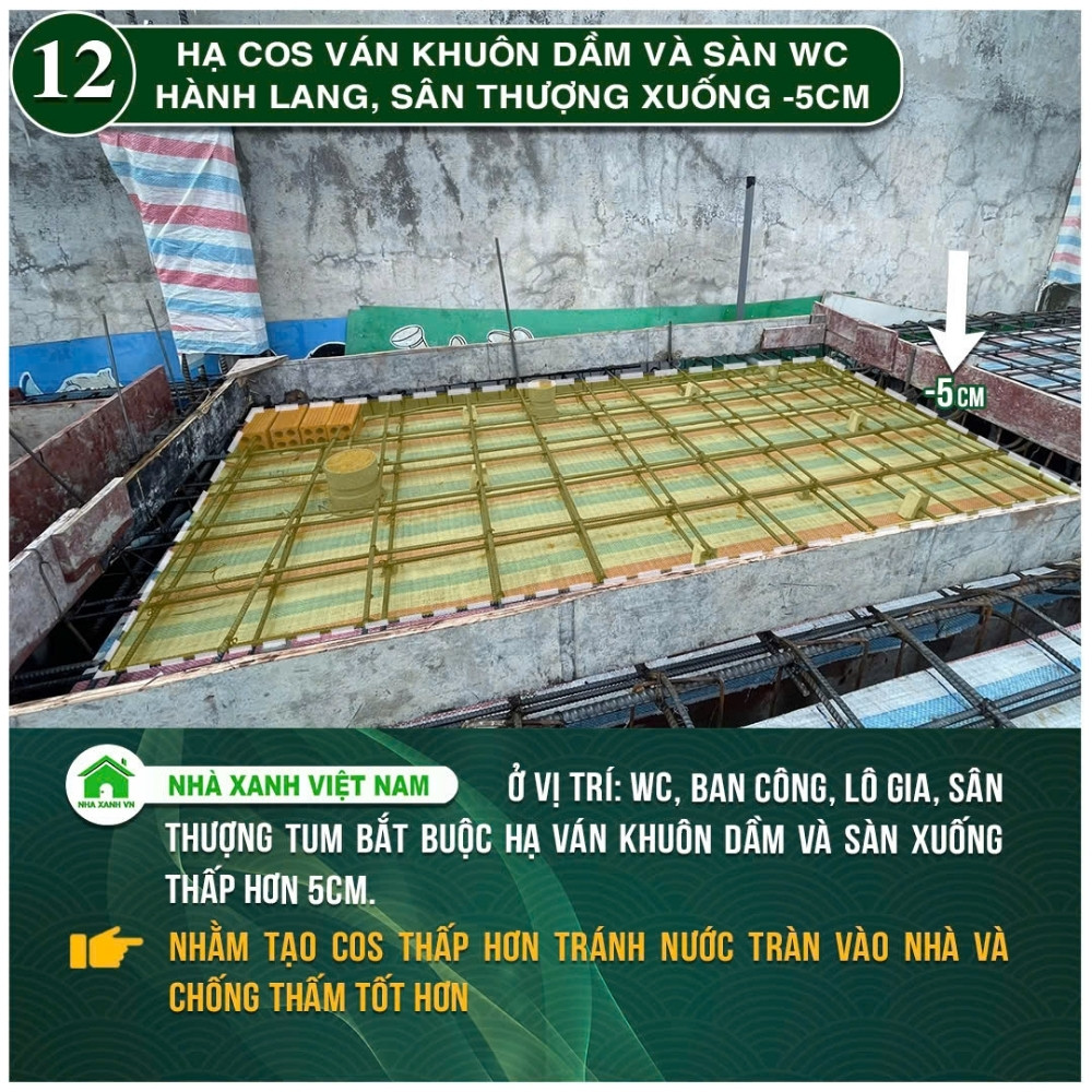 #77 Biện pháp thi công và Quy Trình bắt buộc trong thi công 89 Hạ Cos ván khuôn dầm và sàn WC, hành lang, sân thượng xuống - 5cm
