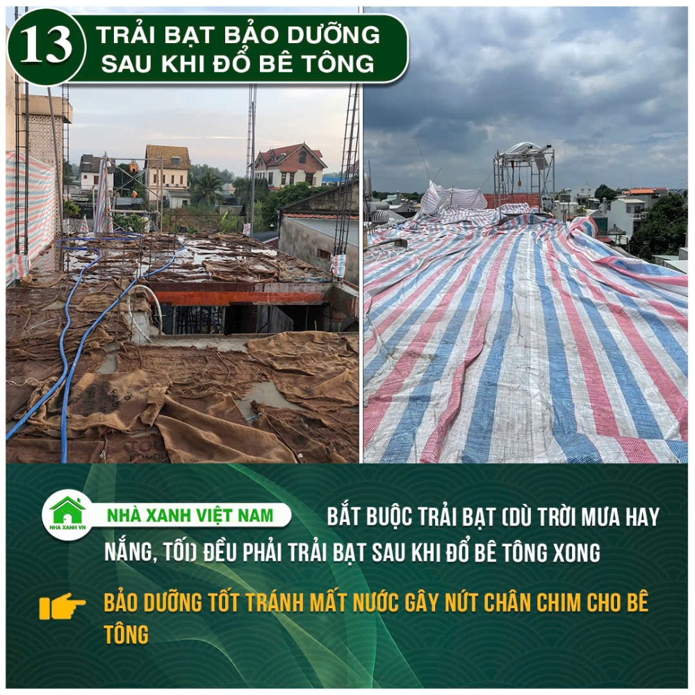 34 điểm nổi bật Nhà Xanh Việt Nam đang áp dụng trong thi công 49 Trải bạt bảo dưỡng sau khi đổ bê tông