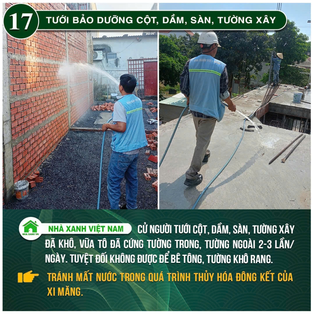 34 điểm nổi bật Nhà Xanh Việt Nam đang áp dụng trong thi công 53 Tưới bảo dưỡng cột, dầm, sàn, tường xây