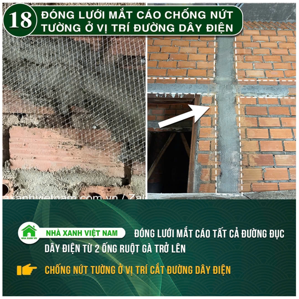 34 điểm nổi bật Nhà Xanh Việt Nam đang áp dụng trong thi công 54 Đóng lưới mắt cáo chống nứt tường ở vị trí đường dây điện