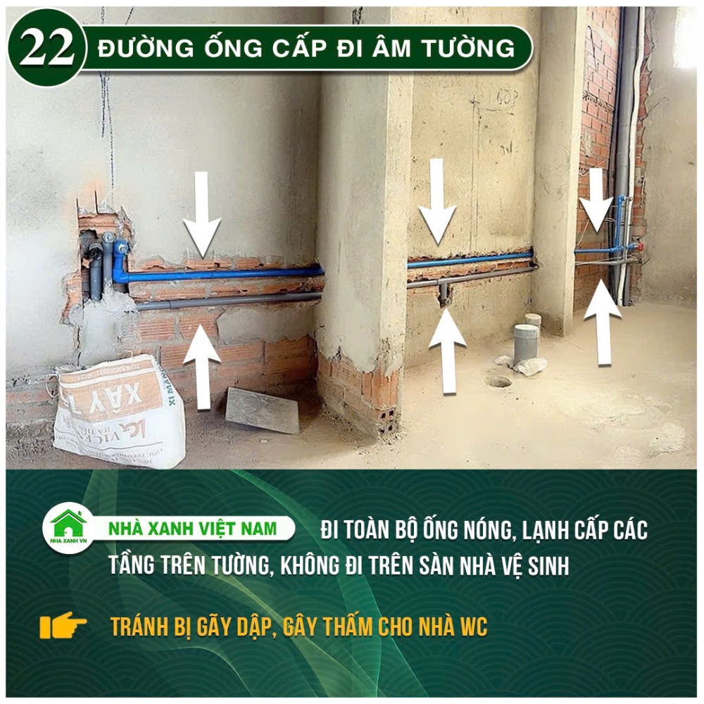 34 điểm nổi bật Nhà Xanh Việt Nam đang áp dụng trong thi công 58 Đường ống cấp đi âm tường