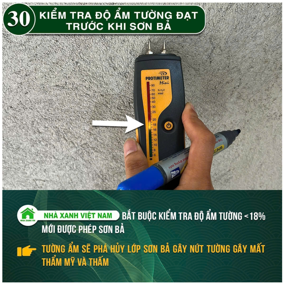 34 điểm nổi bật Nhà Xanh Việt Nam đang áp dụng trong thi công 66 Kiểm tra độ ẩm tường đạt trước khi sơn bả
